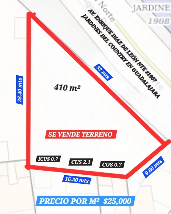 Terreno de 410 m² en Jardines del Country en Venta !!